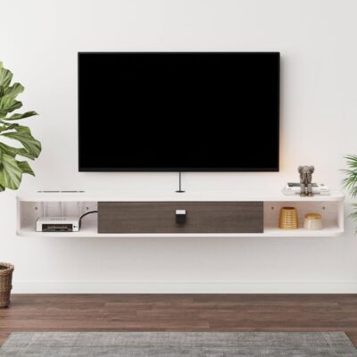 Floating TV Unit, 47” Wall Mounted TV Cabinet, Floating Shelves with Door, Modern Entertainment Media Console Center Large Storage TV Bench for Living Room & Office (47.24IN,…