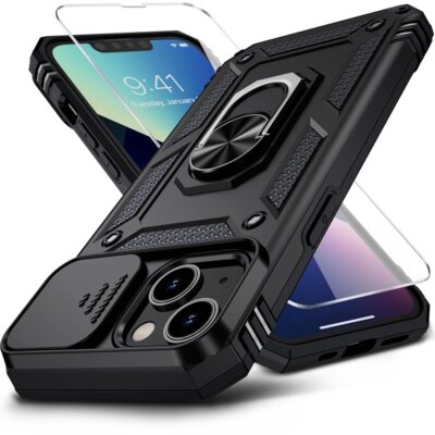 for iPhone 13 Case with HD Screen Protector & Slide Camera Cover & Rotated Ring Kickstand, [Military-Grade] Rugged Heavy Duty Protective Phone Case for iPhone 13 6.1 inch, Black