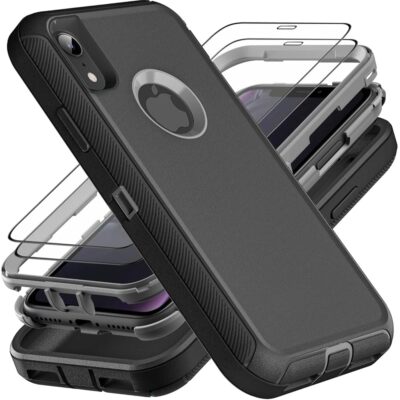 for iPhone XR Case, Military Grade 3 in 1 Heavy Duty Shockproof/Drop Proof/Dust Proof Case with 2Pcs Tempered Glass Screen Protector (Black/Grey)