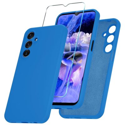 for Samsung Galaxy A15 5G Case, Silicone Phone Case with 1 Screen Protector, Soft Anti-Scratch Microfiber Lining, Full Body Shockproof Slim Cover, Blue