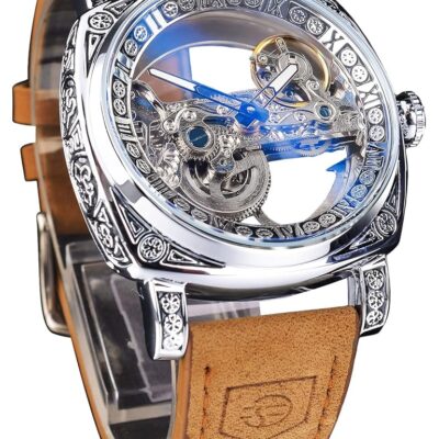 FORSINING Men’s Luxury Square Carving Mechanical Watch, Retro Totem Double Sided Hollow Skeleton Self-Wind Automatic Watches, Vintage Leather Strap Wristwatch