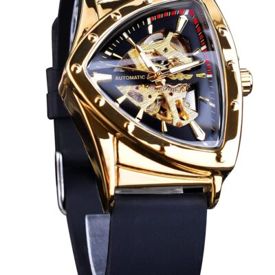 FORSINING Skeleton Watches for Men, Automatic Mechanical Watch with Triangle Dial, Luminous Self Winding Watches Stainless Steel Bracelet or Soft Silicone Strap