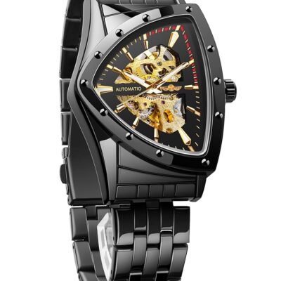 FORSINING Skeleton Watches for Men, Automatic Mechanical Watch with Triangle Dial, Luminous Self Winding Watches Stainless Steel Bracelet or Soft Silicone Strap