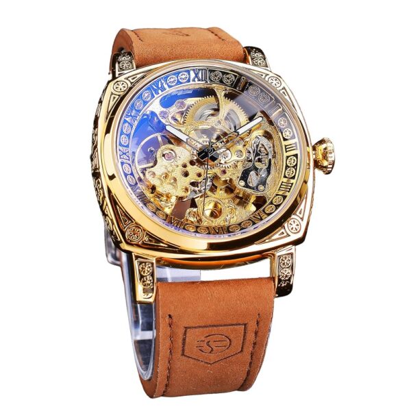 FORSINING Watches for Man, Square Retro Mechanical Watch Self-Wind Carved, Skeleton Automatic Watches Vintage Leather Strap Wristwatch