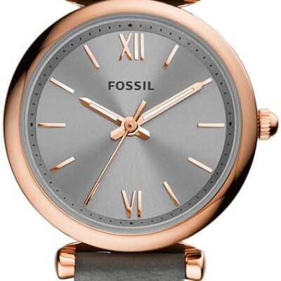 Fossil Women’s Carlie Mini Quartz Stainless Steel and Leather Watch, Color: Rose Gold, gray (Model: ES5068)