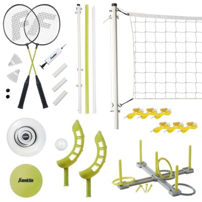 Franklin Sports Fun 5 Combo Outdoor Game Set – Backyard, Beach + Camping Games for Kids – Badminton, Volleyball, Flip Toss, Flying Disc – Horseshoes or Ring Toss