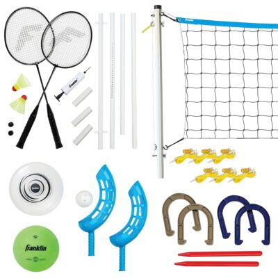 Franklin Sports Fun 5 Combo Outdoor Game Set – Backyard, Beach + Camping Games for Kids – Badminton, Volleyball, Flip Toss, Flying Disc – Horseshoes or Ring Toss