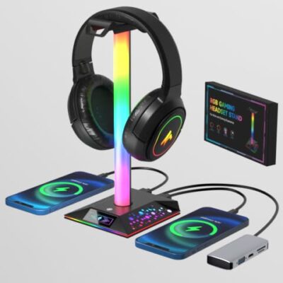 Gaming Headphone Stand PC Accessories – RGB Headset Stand with 2 USB Charger, Cool LED Headphone Holder PC Gaming Accessories Gift for Boys Men Gamers, Computer Game Hardware…