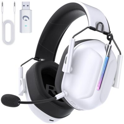 Gaming Headsets Wireless, 2.4GHz Gaming Headsets for PC, PS5, PS4, Gaming Headphones with Mic, White