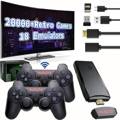 GamingBoy Wireless Retro Game Console Stick, Upgrade Retro Video Gaming Stick Built in 20000+ Games with 18 Emulators, 4K HDMI Output with 2 Pack 2.4G Wireless Controllers for…