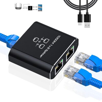 Gigabit Ethernet Splitter 1 to 2 – Network Splitter with USB Power Cable, RJ45 Internet Splitter Adapter 1000Mbps High Speed for Cat 5/5e/6/7/8 Cable [2 Devices Networked…