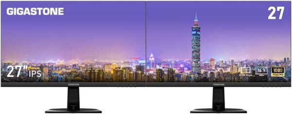 Gigastone 27 inch IPS LED Back Light Monitor 2-Pack 75Hz FHD 1920 x 1080, 178° Wide View Frameless, Dual Monitor, 5ms, Built-in Speakers, Eye Care Technology, Ergonomic Tilt...