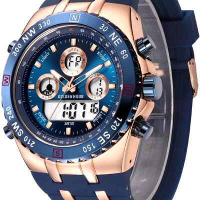 GOLDEN HOUR Luxury Military Sports Men’s Watches Large Size Big Face 3ATM Waterproof, Stopwatch, Date and Date, Alarm, Luminous Digital Analog Wrist Watch with Rubber Band