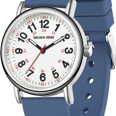 GOLDEN HOUR Waterproof Nurse Watch for Medical Professionals, Students Women Men – Military Time Luminouse Easy Read Dial, 24 Hour with Second Hand, Colorful Silicone Band