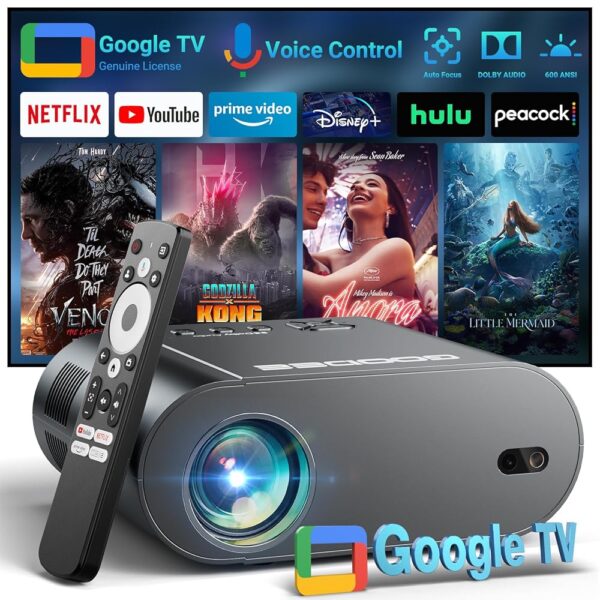 Google TV License/Auto Focus]Smart Projector with WiFi6 and Bluetooth, GooDee Native 1080P Projector for Home Theater, Built-in Netflix/Google TV/PrimeVideo, Keystone Voice...