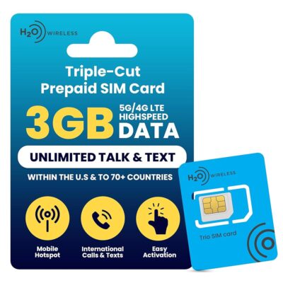 H2O Wireless U.S.A. SIM Card $20 Plan Triple-Cut SIM with Unlimited Data & International Talk & Text and 3GB High-Speed 4G LTE/5G Data with 2GB Hotspot (30-Day Plan) JZN Market