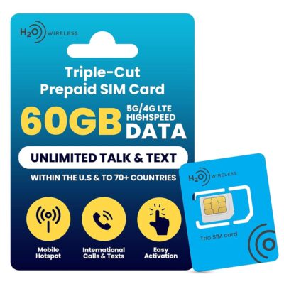 H2O Wireless U.S.A. SIM Card $60 Plan Triple-Cut SIM with Unlimited Data & International Talk & Text and 60GB High-Speed 4G LTE/5G Data with 20GB Hotspot (30-Day Plan) JZN Market