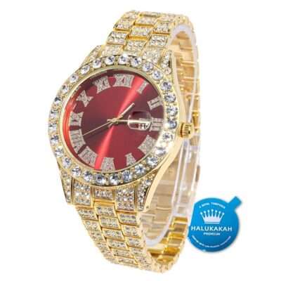 Halukakah Diamond Watch for Men – PRESIDENT – 18K Real Gold/Platinum White Gold Plated & Handset Diamonds Iced Out,42MM Width Green/Blue/Red Dial Wristband 9.5”,Cuban Link Chain…