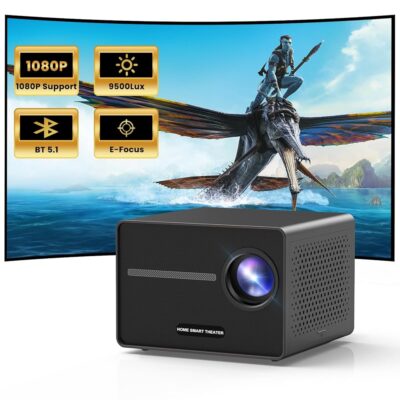 HAPPRUN Projector, [Electric Focus] Mini Projector, 1080P Support Portable Bluetooth Projector With Speaker, 200″ Support Outdoor Movie Projector Compatible With…