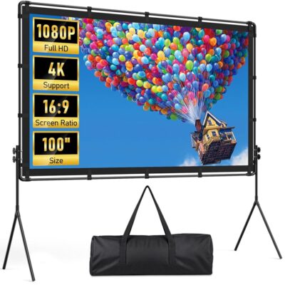 HAPPRUN Projector Screen and Stand, Easy Use 100 inch Foldable and Portable Projection Screen 16:9 Rear Front Wrinkle-Free Movie Screen with Carry Bag for Indoor Outdoor Home…