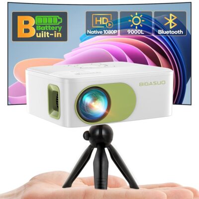 HD 1080P Projector with Recharged Battery Powered – Mini Portable Projectors with Tripod, Projecyor for Outdoor Movie , Compatible with Smartphone, HDMI, USB, AV, Fire Stick, PS5