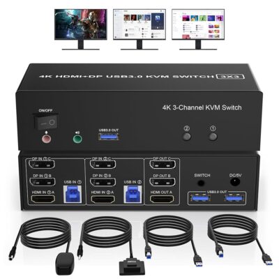 HDMI + 2 Displayport 3 Monitor KVM Switch USB 3.0 for 2 Computers, 4K@60Hz Triple Monitor KVM Switch with Audio and 3 USB 3.0 Ports, 2 Computers Share 3 Monitors Keyboard Mouse…