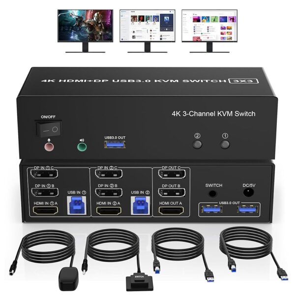 HDMI + 2 Displayport 3 Monitor KVM Switch USB 3.0 for 2 Computers, 4K@60Hz Triple Monitor KVM Switch with Audio and 3 USB 3.0 Ports, 2 Computers Share 3 Monitors Keyboard Mouse...