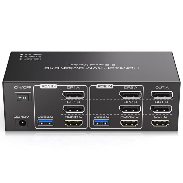 HDMI Displayport KVM Switch 3 Monitors 2 Computers 8K@60Hz 4K@120Hz USB 3.0 DP KVM Switch for 2 PC Share Multi Monitor and 4 USB Devices Included Support Extended & Copy Mode