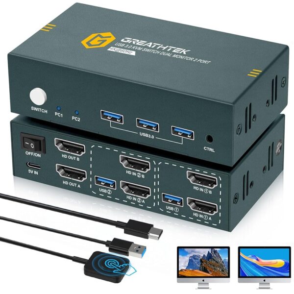 HDMI KVM Switch 2 Monitors 2 Computers, 2 Port Monitors Switcher for 2 Computers Share 2 Monitors and Keyboard Mouse with USB3.0 Port,4K@60 Resolution,with EDID