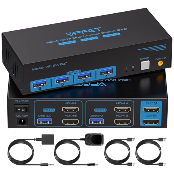 HDMI KVM Switch 2 Monitors 2 Computers 4K@60Hz USB 3.0 Dual Monitor KVM Switch 2 Ports for 2 PC Share 2 Screens and 4 USB Devices for Keybord Mouse Printer with Desktop Controller