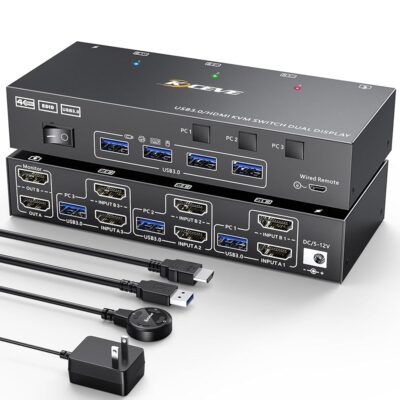 HDMI KVM Switch 2 Monitors 3 Computers 4K@60Hz, 𝐄𝐃𝐈𝐃 𝐬𝐢𝐦𝐮𝐥𝐚𝐭𝐢𝐨𝐧，Dual Monitor KVM Switch for 3 Computers Share 2 Displays and Keyboard Mouse Printer, Wired Remote and 5 Cables…