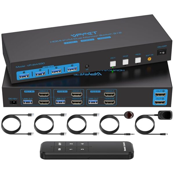 HDMI KVM Switch 2 Monitors 3 Computers EDID Simulation 4K@60Hz 3 Ports KVM Switches Dual Monitor for 3 PC Share 4 USB 3.0 Ports and 2 Monitors with 3 USB Cables