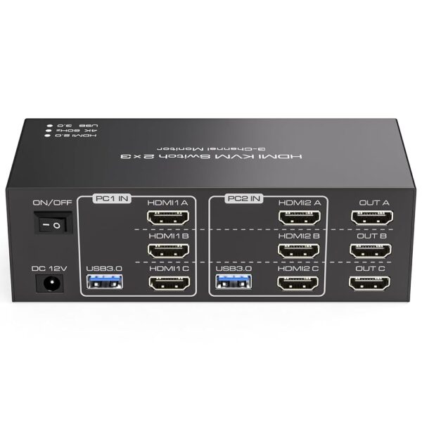 HDMI KVM Switch 3 Monitors 2 Computers 4K@60Hz KVM Switches with 4 USB 3.0 Ports for 2 Computers Sharing Triple Monitor and 4 USB Devices Support Extended & Copy Mode