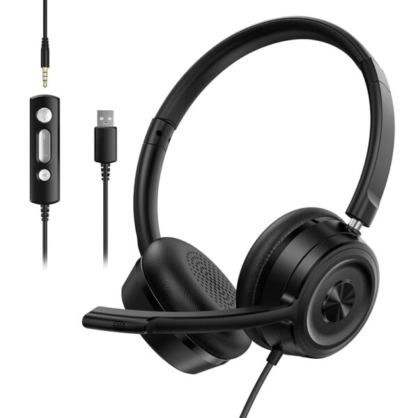 Headset wtih Mic, USB Headset with Microphone for PC, Computer Headset with Noise Canceling Microphone for Laptop, Wired Headset with Mute for Home Office Online Class Skype...