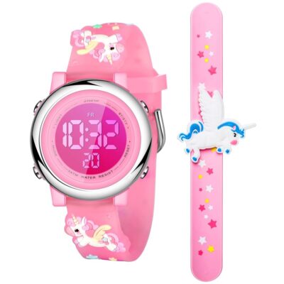 Hicarer 2 Pieces Kids Unicorn Watch Toddler Watch and Silicone Wristband Cute 3D Kids Digital Watch Waterproof 7 Color Lights Watch with Alarm Stopwatch Watches for 3-10 Year Girls