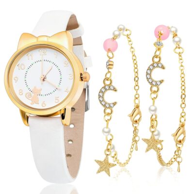 Hicarer 3 Pieces Kids Watch and Star Bracelet Children Quartz Watches, Including Cute Cat Pattern Watches Leather Quartz Watches 2 Pcs Beaded Chain Bracelets for Children’s Day…