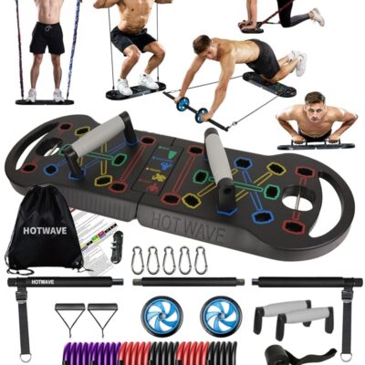 HOTWAVE Portable Exercise Equipment with 16 Gym Accessories.20 in 1 Push Up Board Fitness,Resistance Bands with Ab Roller Wheel,Full Body Workout at Home