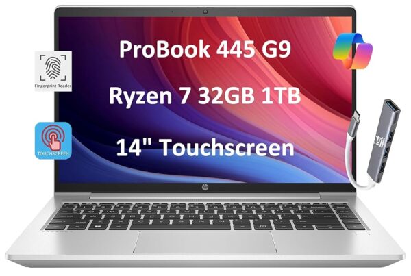 HP 2024 ProBook 445 G9 Business Laptop (14" FHD Touchscreen, AMD Ryzen 7 5825U, 32GB RAM, 1TB SSD, 8-Core (Beats i7-1165G7)) Fingerprint, Webcam, Ethernet, Wolf Pro Security,...