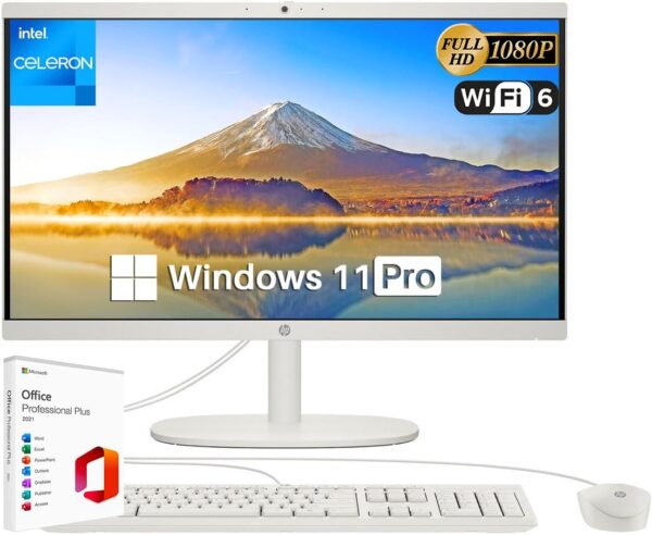 HP All-in-One Desktop PC, 21.5" FHD Display, 16 GB RAM, 512 GB SSD, Intel Celeron J4025, Webcam, WiFi 6, Bluetooth, HDMI, Wired Mouse & KB, with Microsoft Office Lifetime...