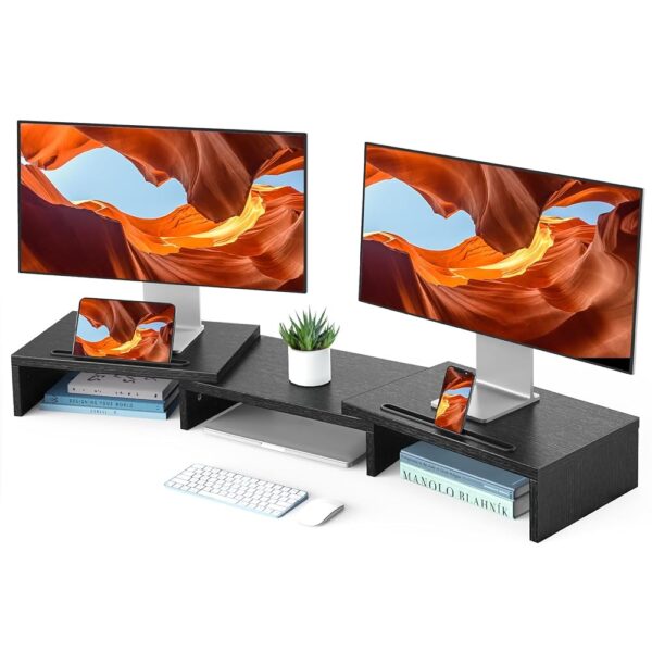 HUANUO Dual Monitor Stand Riser, Computer Monitor Stand for 2 Monitors, Adjustable Length Angle Desk Shelf with 2 Storage Slots, Desktop Organizer Stand Riser for Computer,...