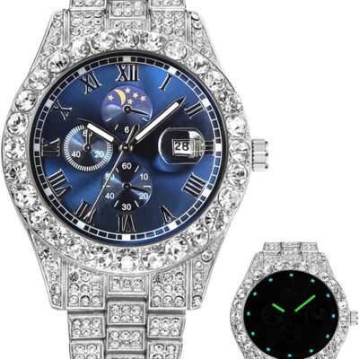 Iced-Out Watches for Men Super Luminous Diamond Watch (Blue face/Blue-Green Luminous)