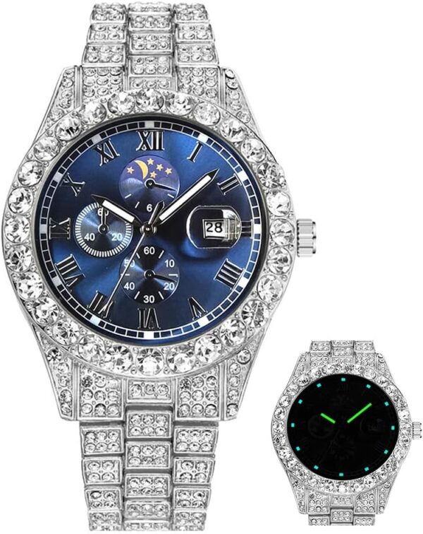 Iced-Out Watches for Men Super Luminous Diamond Watch (Blue face/Blue-Green Luminous)