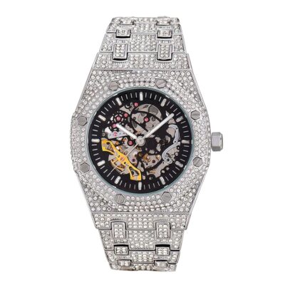 ICEDIAMOND 43MM Iced Out Openwork Mechanical Automatic Wrist Watch, Full Shiny CZ Diamond Hand-Winding Skeleton Dial Luxury Watch for Men