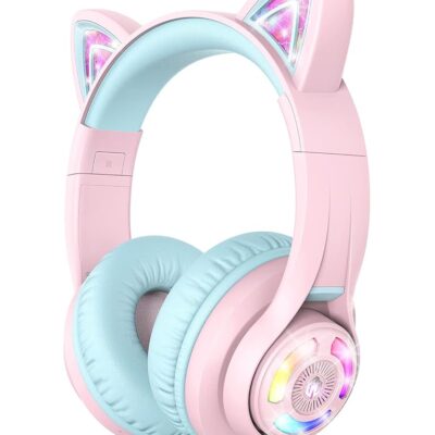 iClever Cat Ear Kids Bluetooth Headphones, LED Lights Up, 74/85/94dB Volume Limited, 50H Playtime,Bluetooth 5.2, USB C, Kids Headphones Wireless for Travel iPad Tablet, Meow…