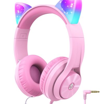 iClever Kids Headphones with Cat Ear Led Light Up, Safe Volume Limite Kids Wired Headphones with FunShare Foldable Over-Ear Headphones for Kids/School/iPad/Tablet/Travel, Meow…