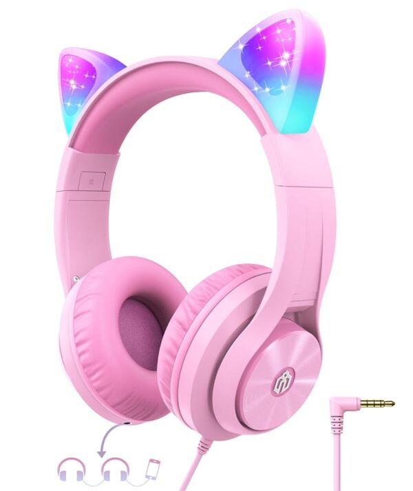 iClever Kids Headphones with Cat Ear Led Light Up, Safe Volume Limite Kids Wired Headphones with FunShare Foldable Over-Ear Headphones for Kids/School/iPad/Tablet/Travel, Meow...