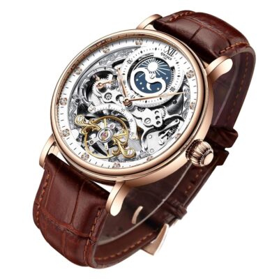 IK COLOURING Bestn Mens Luxury Skeleton Automatic Mechanical Wrist Watches Leather Moon Phrase Luminous Hands Self-Wind Watch