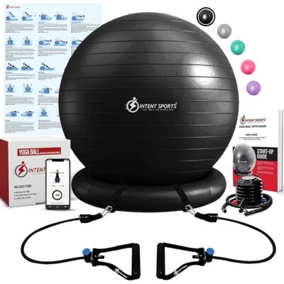 INTENT SPORTS Yoga Ball Chair – Stability Ball with Inflatable Stability Base & Resistance Bands, Fitness Ball for Home Gym, Office, Improves Back Pain, Core, Posture & Balance…