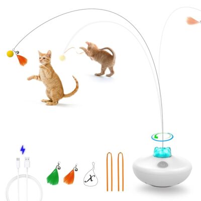 Interactive Cat Toys Cat Exercise Tumbler, Rechargeable Cat Toys for Indoor Cats Spin Butterfly Game Teasing Kitty, Extra Long Feather Wand (P33 cat Toys)