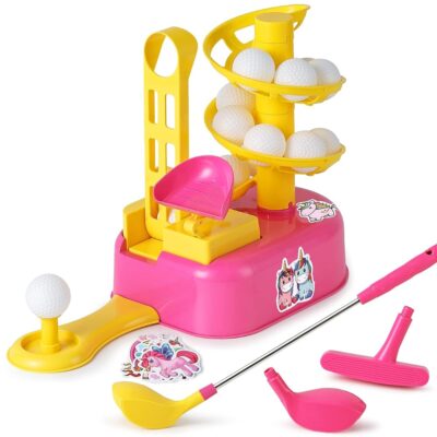 iPlay, iLearn Girl Golf Toys Set for 3 4 Year Olds, Toddler Outdoor Sport Gift, Kids Pink Outside Playset W/Left Right Club Head 15 Balls Unicorn Sticker, Active Stocking…